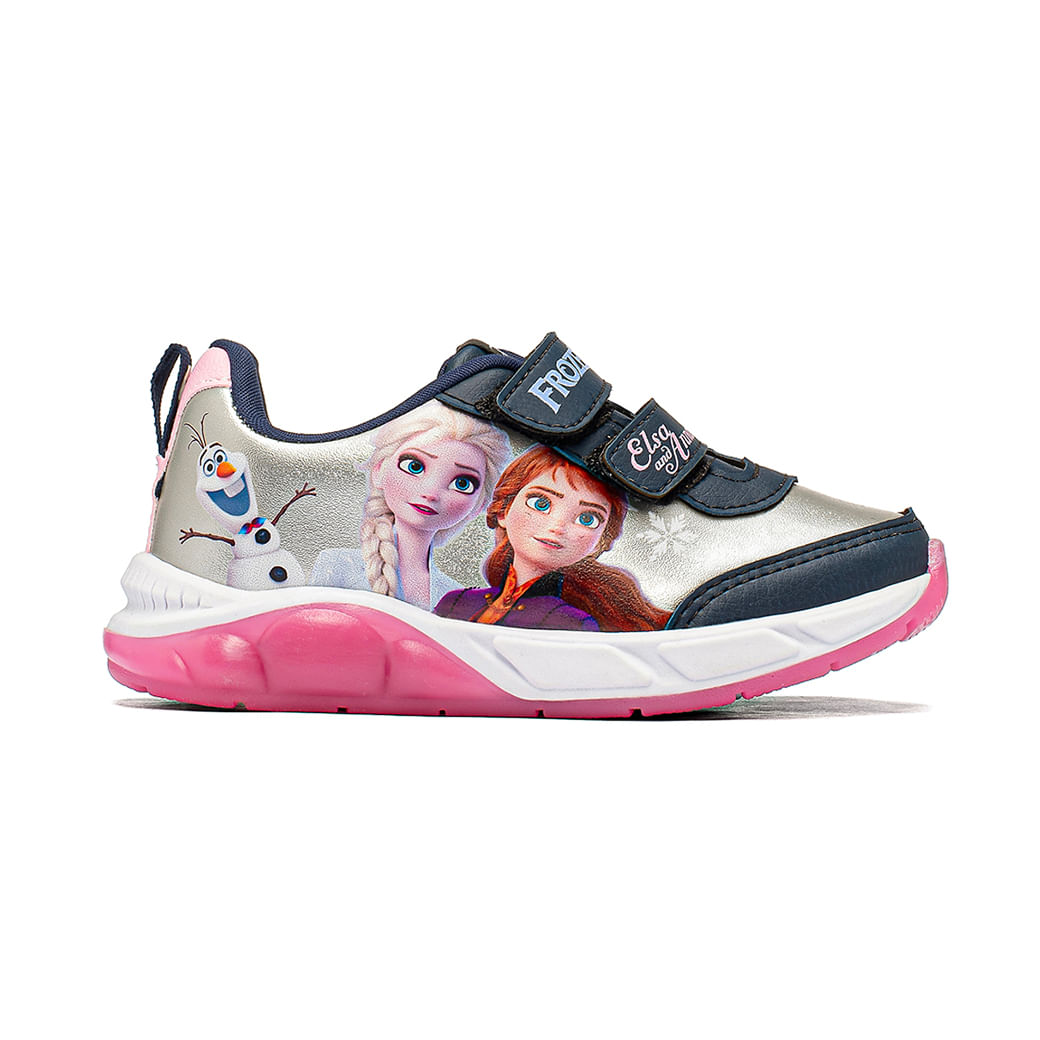 Tênis infantil Dyan Frozen com estampa dos personagens Elsa, Anna e Olaf, em tons marinho, prata e rosa, com fechamento em velcro e solado rosa antiderrapante.